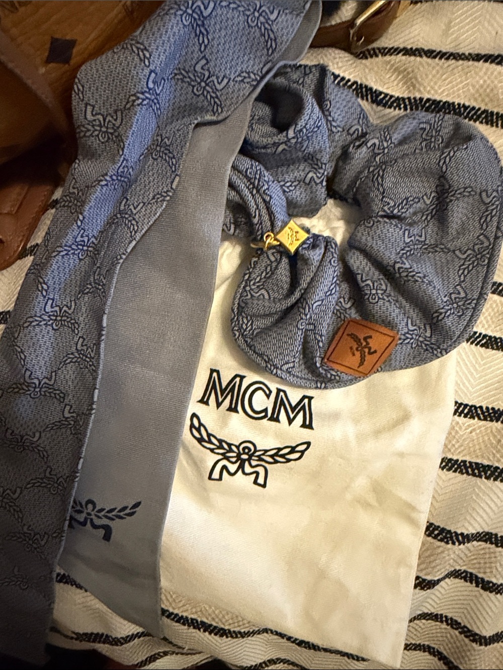 MCM Light Blue Monogram Scarf and Scrunchie Set with Gold Charm